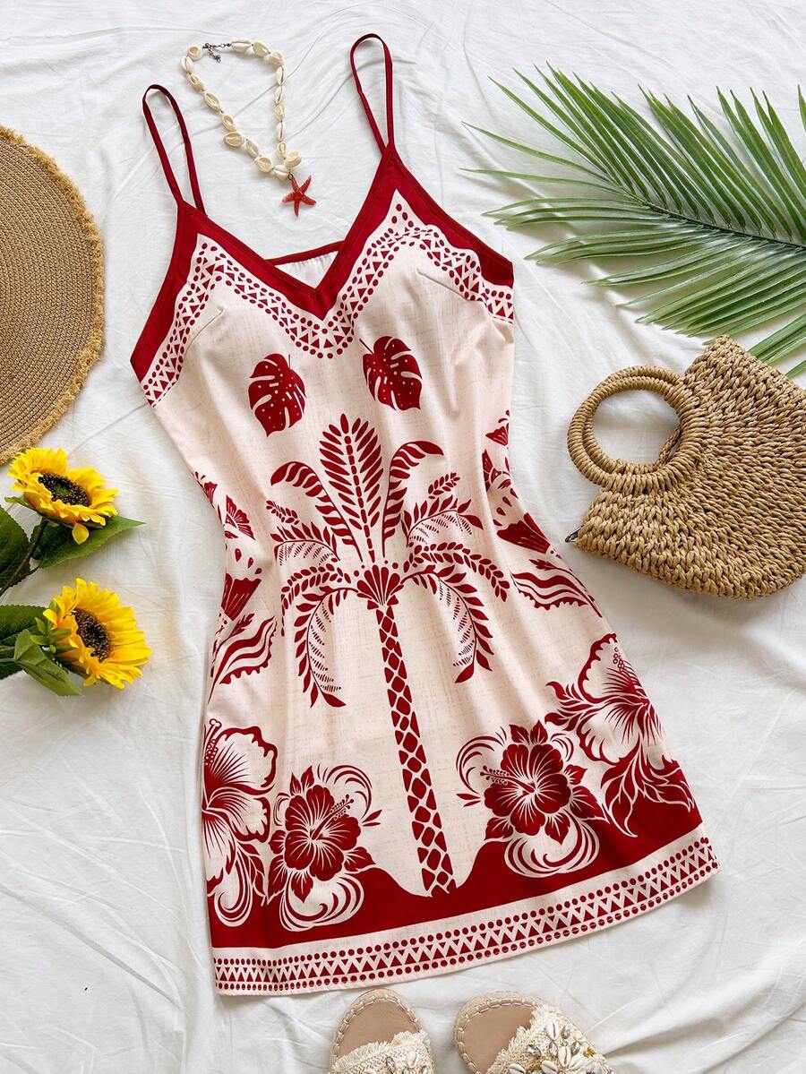 Soleia Vestido camisero mini con estampado de palmeras y plantas tropicales para mujer - Multicolor - Ver 1