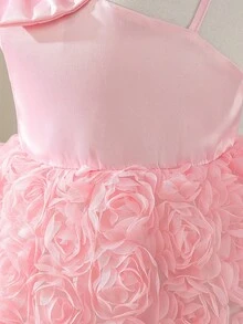 SHEIN Glamorique Kids 女婴花童伴娘礼服，婚礼，花童，优雅，3D玫瑰，生日派对，适合正式场合，生日拍照服装 - 粉色 - 查看 5