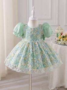 SHEIN Glamorique Kids 女婴花童伴娘礼服，婚礼，花童，优雅，3D玫瑰，生日派对，派对表演，适合正式场合 - 綠色 - 查看 2