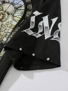 ROMWE MEN Street Life Camiseta suelta corta con estampado de rhinestones religiosos para hombres, estilo de los 2000 - Negro - Ver 5