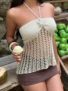 Aloruh 女士优雅系带露背海星装饰修身钩针编织沙滩度假上衣 - 杏色 - 查看 5