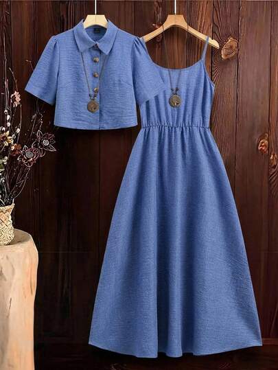 SHEIN Clasi Conjunto de 2 piezas de camisa efecto denim y vestido de tirantes elegante para mujer, adecuado para ir al trabajo y múltiples ocasiones