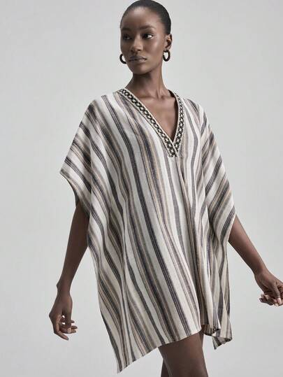 Ontre 2026ss Women's Multi-Color Striped Fabric Comfortable Soft High-End Material Viscose Blend Loose Fit V-Neck Batwing Sleeve Knit Trim Accent Decor Modern Urban Business Casual Office Commuter High-Quality Airport Casual Low-Key Vintage High-End Cruise Wear Middle East Minimalist Luxurious Feel Essential Outfit Fashion All-Season Versatile Minimalist Series Women Short Dress Beach Clothing, All Season  Ins Celebrity Same Style Vacation Style, Exotic Atmosphere, Country Concert, Western Style