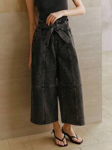 Anewsta Cargo Pants For Women, High Waist Slimming Loose Straight Leg Cropped Jeans, Casual Wide Leg Pants, Spring - Black - View 6