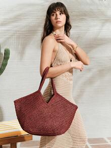 SHECARRY Bolso de mano tejido de moda para mujer, bolso de hombro de gran capacidad - Marrón rojo - Ver 7