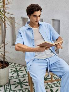 Mercer Haus 2pcs Men's Linen Set, Solid Color Single-Breasted Short Sleeve Shirt And Pants Suit, Lightweight Casual Summer Linen Clothing For Men, Cozy Outfits , Suitable For Summer Tropical Holiday Vacation In Hawaii. - Blue - View 7