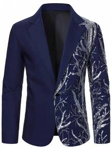 Manfinity AFTRDRK Men's Fashion Sequin Embroidered Single-Breasted Notch Lapel Suit Jacket, Suitable For Christmas Party And Bar - Navy Blue - View 4