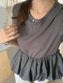 DAZY Women's Round Neck Mixed Fabric Loose Hem Patchwork Decorative Short Sleeve T-Shirt Summer - Grey - View 6