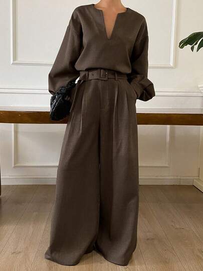 Livesso 女士V领上衣和休闲裤两件套，适合通勤和办公，春夏款