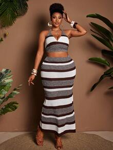 Maweii Bộ đồ nữ cỡ lớn: Áo croptop không tay cổ yếm hở lưng buộc dây phối màu tương phản kẻ sọc và chân váy dài ôm sát eo chun, thích hợp mặc hàng ngày, đi biển. - Nhiều màu - Xem 5