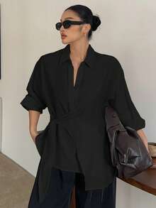 Livesso Curve Plus Size Women White Turndown Collar Half-Placket Drawstring Hem Long Sleeve Shirt, Spring & Autumn Summer - Black - View 4