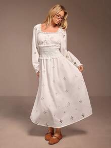 Muvela 新款春夏方领荷叶边松紧腰镂空刺绣A字度假连衣裙 - 白色 - 查看 7