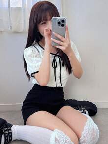 FRIFUL Women's Spring/Summer Short Sleeve Contrast Color Drawstring Bow Tie Loose Casual Sexy Versatile T-Shirt Golf White - White - View 5