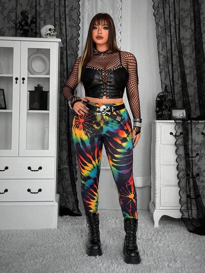 Whyspr Large Women's Romantic Vacation New Tie Dye Printed Slim Fit Leggings, Regular Leggings, Bohemian Style, Tropical Prints Spring And Summer+Coachella/ Music Festival/ Party