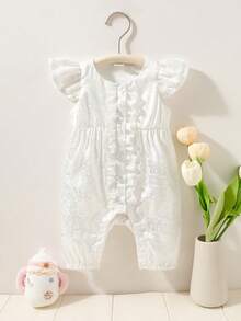 SHEIN 新生儿连体衣，缎面提花精致碎花图案，丝滑缎面面料，蕾丝边饰，短袖长裤款式，适合夏季、派对、度假、外出、拍照等场合，柔软宽松，舒适甜美，优雅大方。 - 白色 - 查看 2