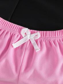 SHEIN Genkimix Kids 女童可爱爱心刺绣针织短袖T恤套装，时尚休闲运动装，适合日常、户外、度假穿着 - 玫紅色 - 查看 4