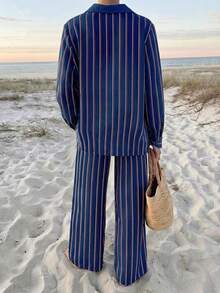 Vaclyn Women's Striped Fish Print Long Sleeve Button-Up Shirt And Pants Casual Suit - Royal Blue - View 2