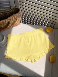 Comfortcana 女士夏季猫咪印花荷叶边系带短裤，浅黄色 - 鵝黃色 - 查看 2