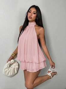 SHEIN PETITE Đầm ngắn cổ yếm màu be thanh lịch dành cho nữ - Hồng - Xem 1