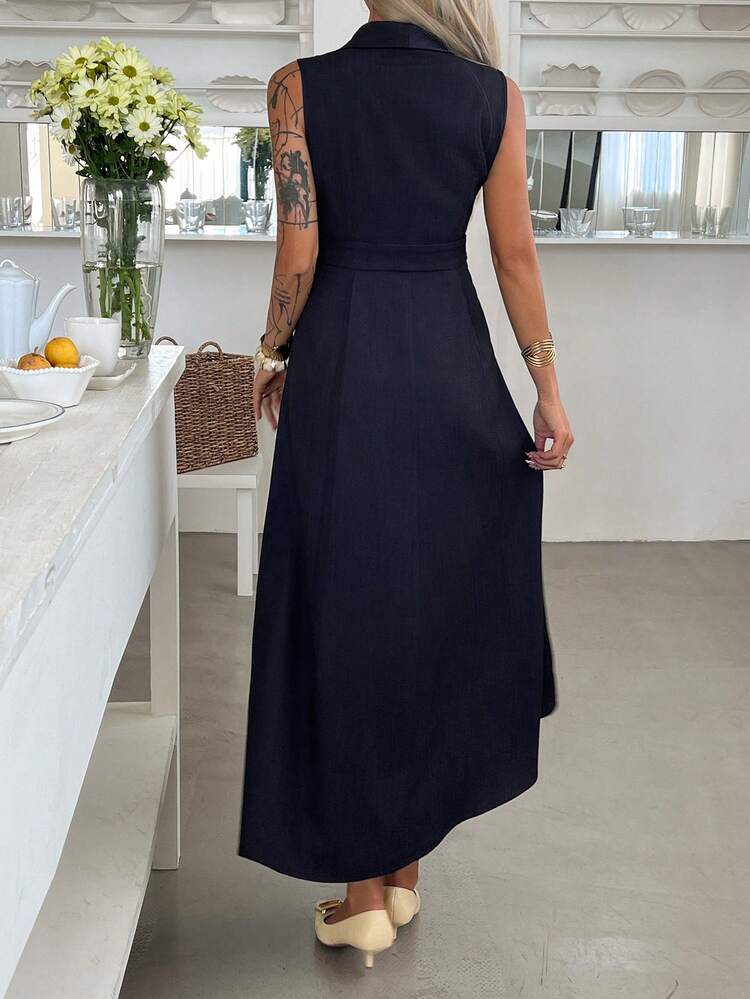 Elegant Collared Waist-Cinched Sleeveless Solid Color Dress For Women Sundress Cocktail Dress
