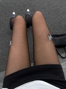 DAZY Women's Mesh Rhinestone Embellished Casual Versatile Daily Wear Leggings - Black - View 4