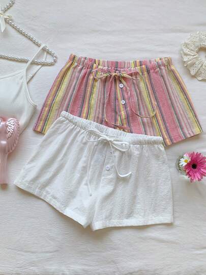 Comfortcana 2pcs Women's New Linen Striped Shorts