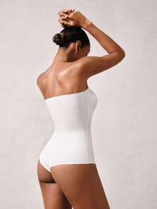 女士无缝一体式塑身吊带背心设计，前开襟，防滑，腰腹塑形，按扣裆部 - 白色 - 查看 3