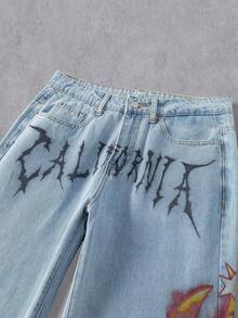 Manfinity EMRG Faded Blue Straight Loose Fit Denim Jeans With Graphic Print Slogan, Casual Street Style For Spring/Summer Graphic Baggy Jeans Flame Pants - Blue - View 5