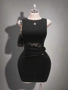 SHEIN ICON Plus Size Elegant Black Dress,Summer Rave Dress,Waist Hollow Lace Patchwork Sleeveless Bodycon Dress Suitable For Dates,Banquets,And Vacations - Black - View 1