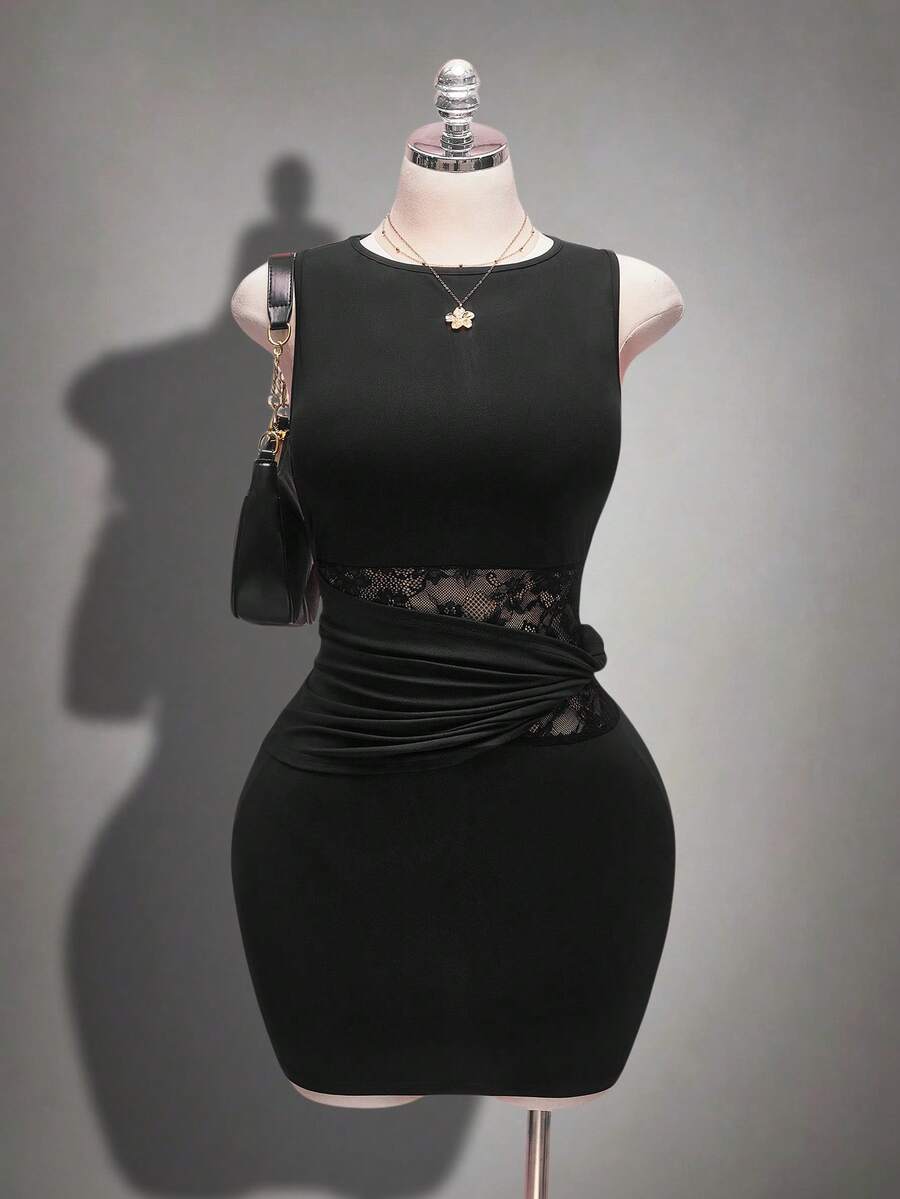 SHEIN ICON Plus Size Elegant Black Dress,Summer Rave Dress,Waist Hollow Lace Patchwork Sleeveless Bodycon Dress Suitable For Dates,Banquets,And Vacations - Black - View 1