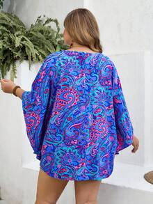 SHEIN CURVE+ Áo kiểu dáng ôm vừa vặn, size US22, thích hợp cho lễ hội âm nhạc, kỳ nghỉ bên bờ biển, phong cách Bohemia, cổ chữ V, tay bồng, dáng rộng, thích hợp cho kỳ nghỉ hè, áo kiểu Bohemia. - Nhiều màu - Xem 2