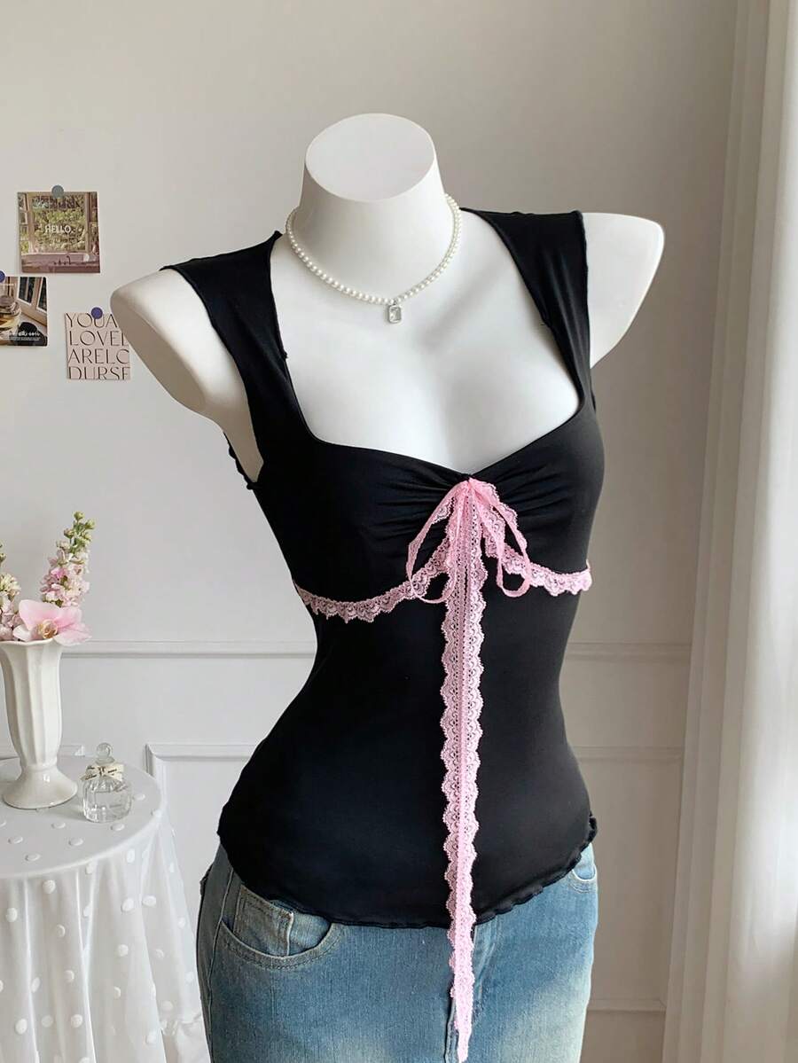 Comfortcana Women's Summer Casual Vacation & Commute Sweetheart Neck Chest Ruched Contrast Lace Twist Slim Fit Camisole Sexy Summer Top Lace Up Top Tie Up Top - Black - View 1