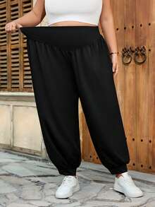 SHEIN CURVE+ Curve 尺码 US22 音乐节、海滨度假、波西米亚风女士高腰宽松抽绳慢跑裤，舒适女裤 - 黑色 - 查看 5
