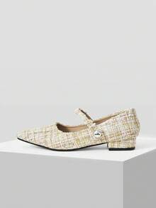 Mnmlis 女士新款灰色法式低跟尖头简约时尚羊毛玛丽珍鞋 - 米杏色 - 查看 3