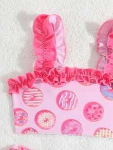 Young Girl Donut Print Frill Trim Bikini Set,Summer Beach Holiday Kids High Waist Ruffled 2 Pcs Bathing Suit,Toddler Girls Two Pieces Swimwear Set - Hot Pink - View 4