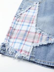 ROMWE MEN Street Life Men's Patchwork Five-Pointed Star Frayed Plaid Loose Casual Denim Shorts - Blue - View 5