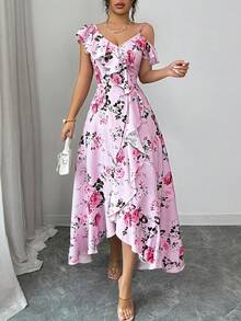 Elenzga 女士春夏新款浪漫复古宫廷风海滩度假氛围套装，适合日常聚会、约会派对，花卉印花，斜领荷叶边不规则下摆设计，粉色长款连衣裙 - 粉色 - 查看 6