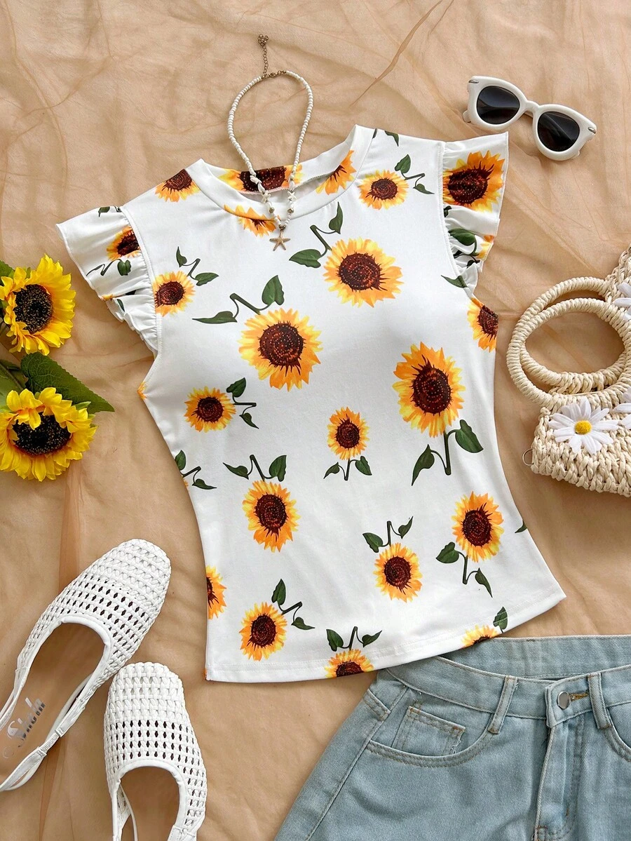 SHEIN WYWH Women's Floral Print Round Neck Ruffle Hem Casual T-Shirt, Summer Vacation,Summer - Multicolor - View 1