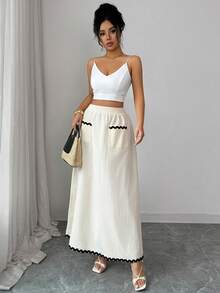 Selianne Chân váy xòe ôm dáng, thanh lịch, lãng mạn màu mơ, thiết kế túi, nơ lượn sóng, dành cho nữ, mùa xuân/hè. - Màu be - Xem 7