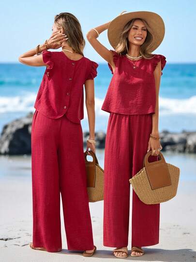 Sylviya 2pcs/Set Women Casual Red Cap Sleeve Button Decor Outfit,Vacation Summer Holiday Outfits Vacation Outfits Women Casual Sets For Women Summer Outfits