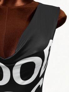 Mistrie Women's Letter Print Plunging Neck Sleeveless Bodysuit - Black and White - View 3