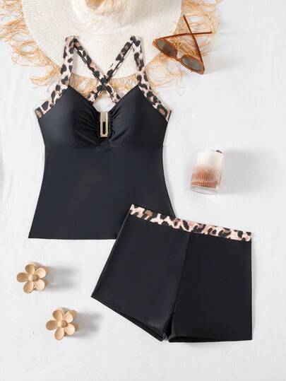 Swim Lushoire Swim Lushore-D 女士豹纹无袖泳衣，饰有豹纹滚边、交叉露背和金属装饰