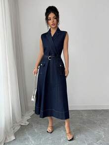 Elenzga 女士休闲无袖牛仔连衣裙，夏季 - 深色水洗藍 - 查看 4