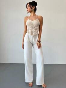 Firerie Women's Elegant Vacation Music Festival Romantic Sequin Crochet Knit Backless Shell Cami Top - Apricot - View 5