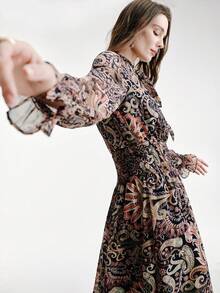 Aveloria Modichic Vestido de manga acampanada con estampado retro de contraste de color transparente, elegante y bohemio para vacaciones y viajes - Multicolor - Ver 4