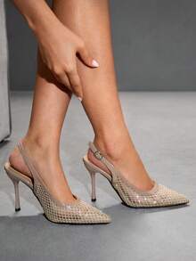 CUCCOO SZL Women's Pointed Toe Apricot Mesh Fabric Metallic Buckle Backstrap Open Toe Fashion Pumps, Elegant For Office And Commute - Apricot - View 2