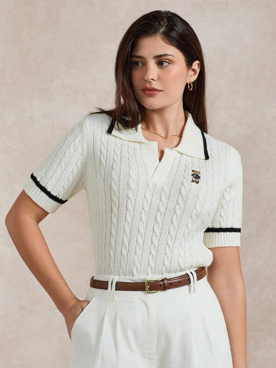 Briarwyn 女士休闲撞色滚边小熊刺绣短袖毛衣，夏季 - 白色 - 查看 1