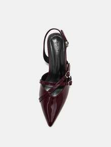 女士酒红色漆皮尖头绑带粗跟高跟鞋，优雅尖头正式高跟鞋，时尚露跟高跟鞋 - 酒紅色 - 查看 9
