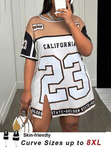 SHEIN CURVE+ Nuevo vestido camiseta de manga larga de cuello redondo, estilo deportivo casual de calle, corte holgado, estampado de logotipo digital 23 en parche marrón y blanco, adecuado para uso diario, citas, festivales de música - Multicolor - Ver 8
