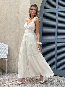 Serisse 女士纯色荷叶边露肩无袖连衣裙，时尚度假之选 - 杏色 - 查看 4